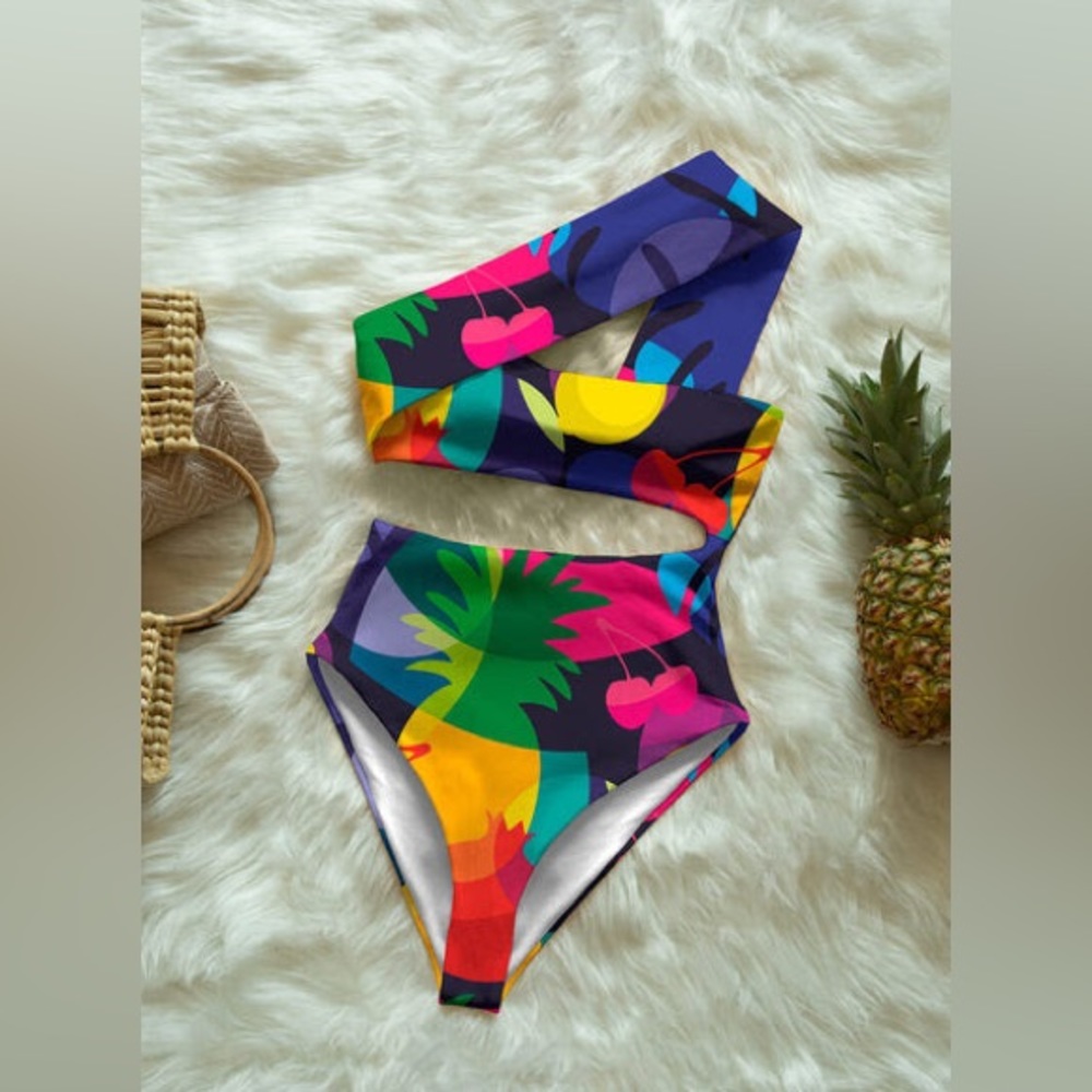 Cut-out one-piece swimsuit in Averie “Kylie” fruit print.